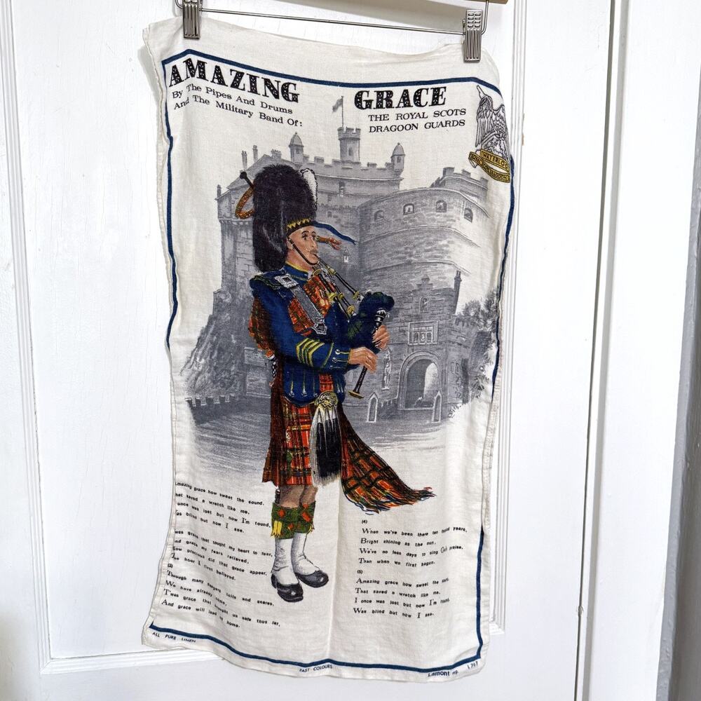 Vtg Lamont Irish linen tea towel, Amazing Grace, Royal Scots Dragoon Guards